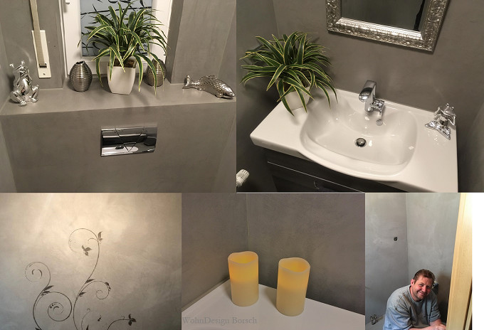 Kleine Industrial Gästetoilette mit grauen Fliesen in Köln