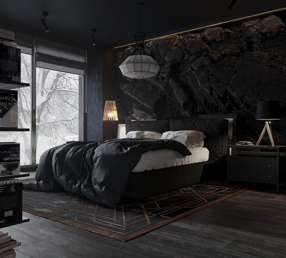 Темный интерьер спальни в каменном виде