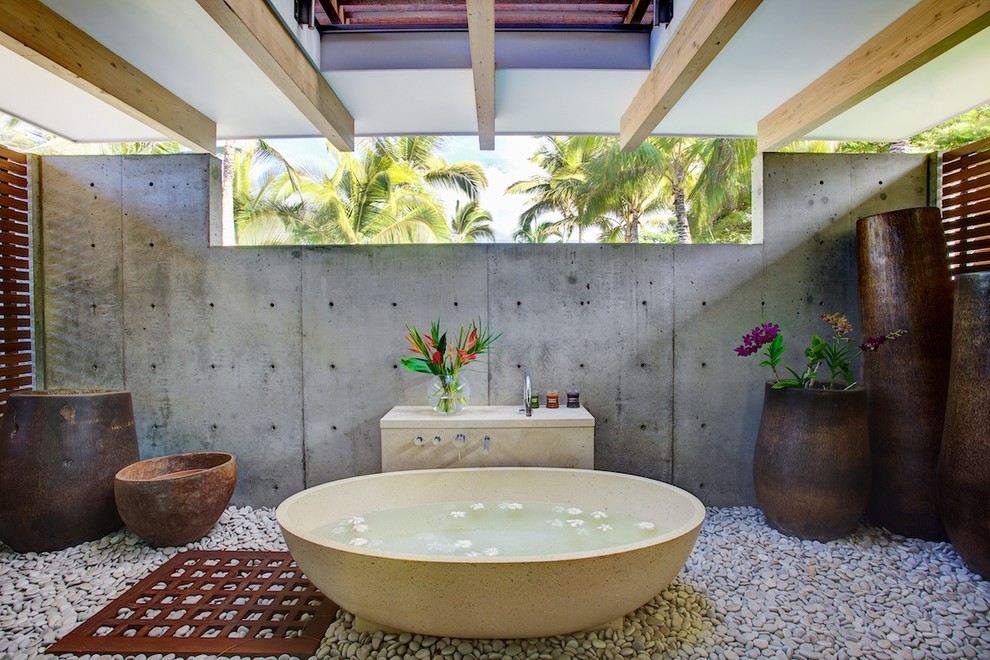 This is an example of a contemporary bathroom in Hawaii with a freestanding tub.