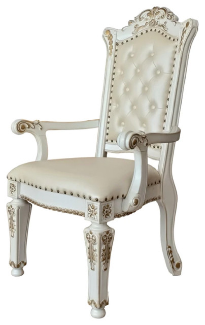 Benzara BM275731 Classic Vegan Leather Armchair, Button Tufted, Carved, White