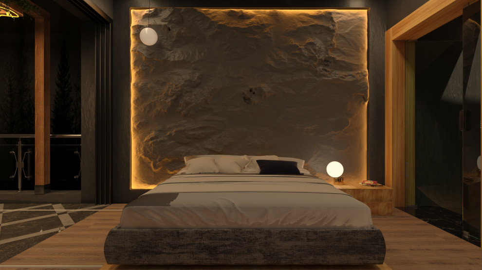 Свежая идея для дизайна: хозяйская спальня в стиле модернизм с черными стенами, полом из фанеры, угловым камином, фасадом камина из камня, разноцветным полом и потолком с обоями - отличное фото интерьера