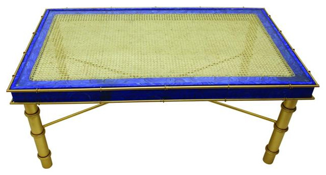 Lapis Sapphire Blue Long Gold Coffee Table Art Deco Bamboo Vintage Style