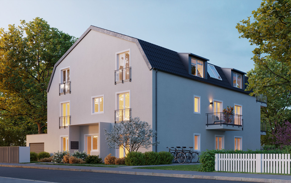 Blick auf die Villa am Abend von der Straßenseite aus