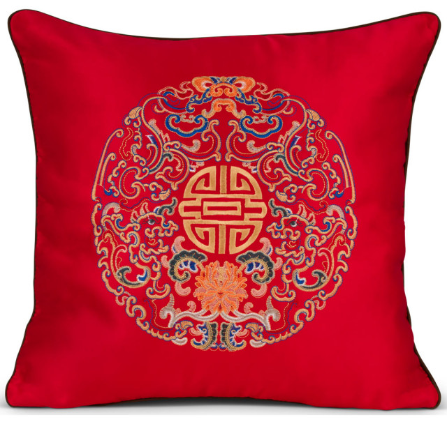 Royal Red Embroidered Longevity Motif Chinese Silk Pillow Asian