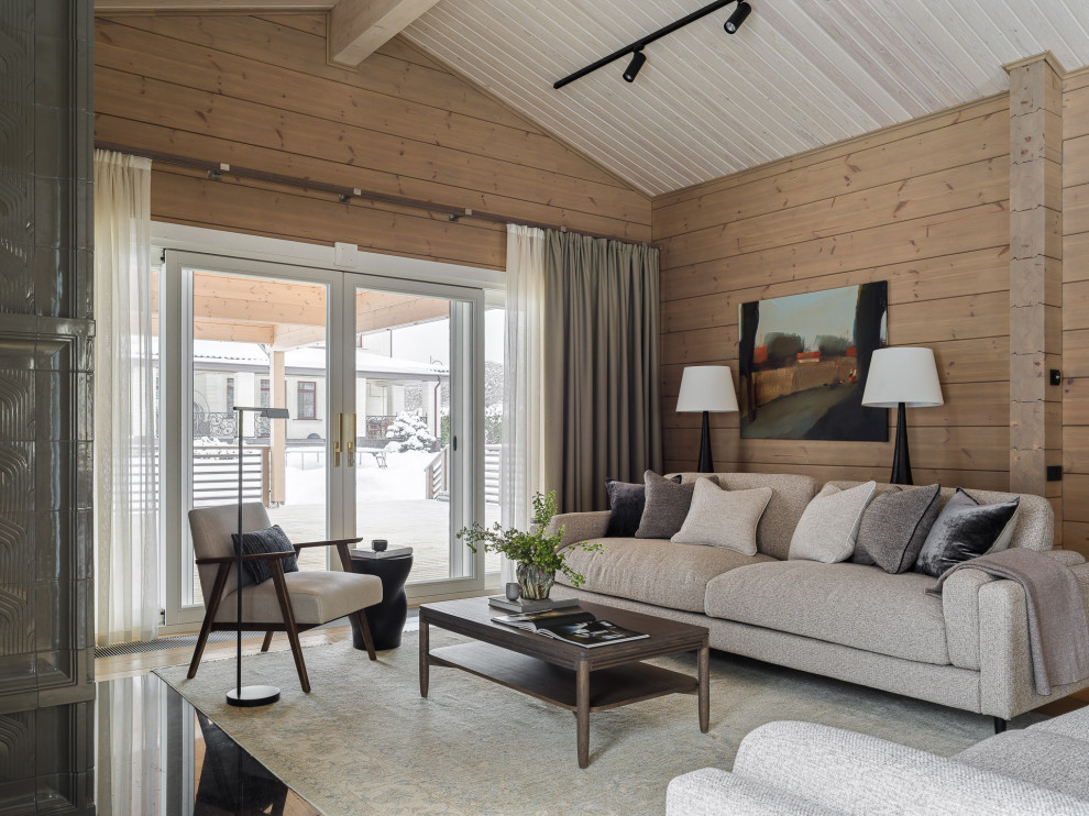 Источник вдохновения для домашнего уюта: гостиная комната в стиле рустика с зоной отдыха, кессонным потолком и деревянными стенами без телевизора