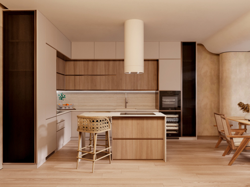 кухня-гостиная в тёплом стиле. Скандинавский стиль, "Джапанди"