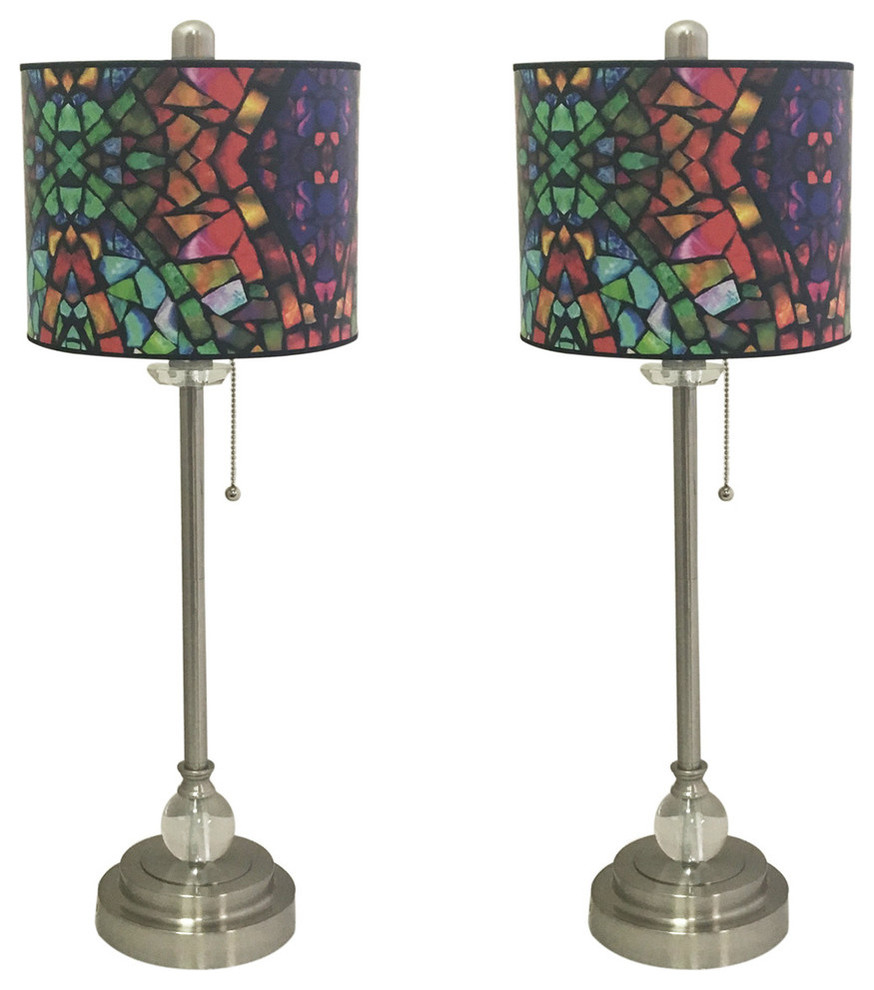 28" Crystal Lamp With Mosaic Stained Glass Shade, Brushed Nickel, Set of 2