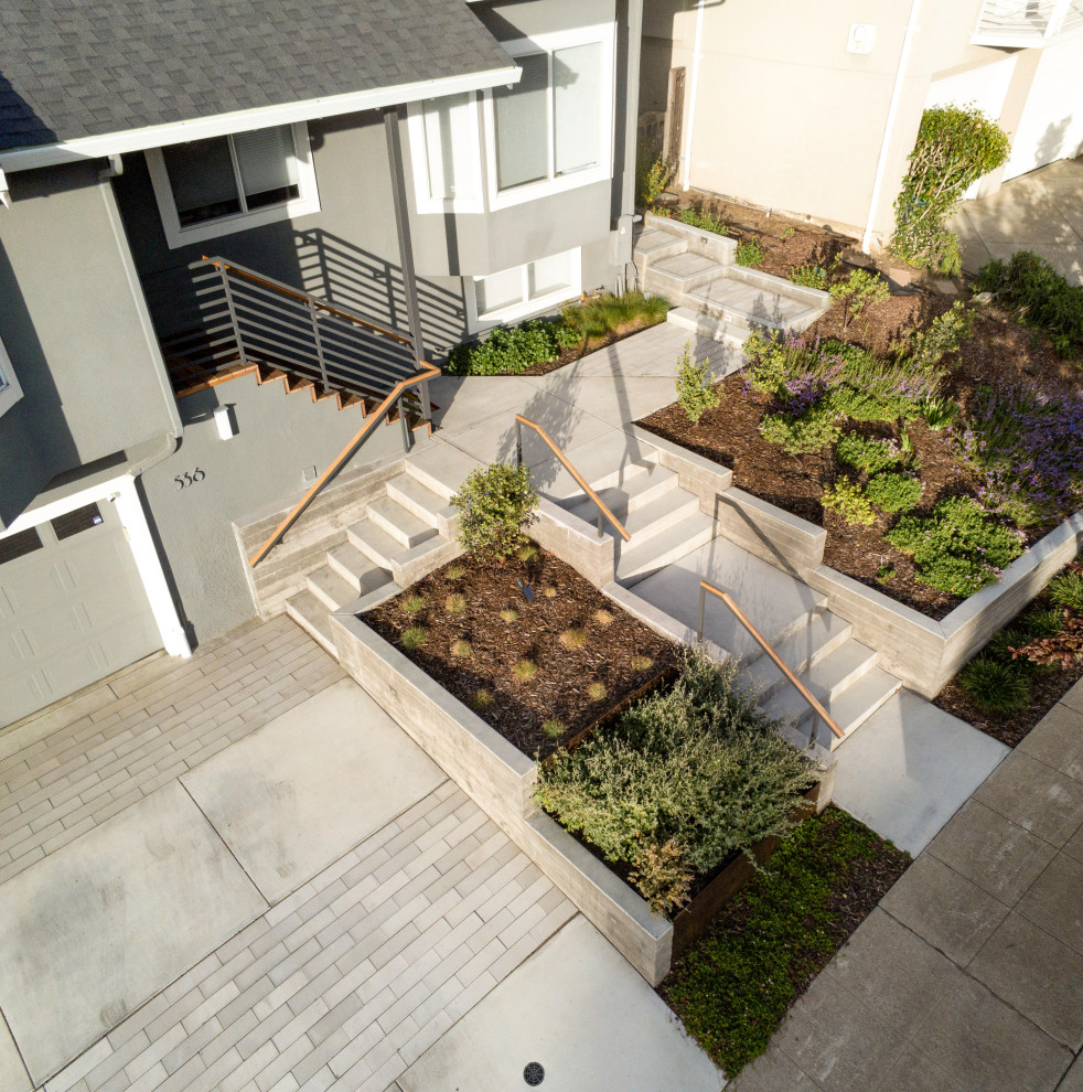 Idee per un giardino formale moderno esposto in pieno sole di medie dimensioni e davanti casa in estate con un ingresso o sentiero, pavimentazioni in cemento e recinzione in metallo