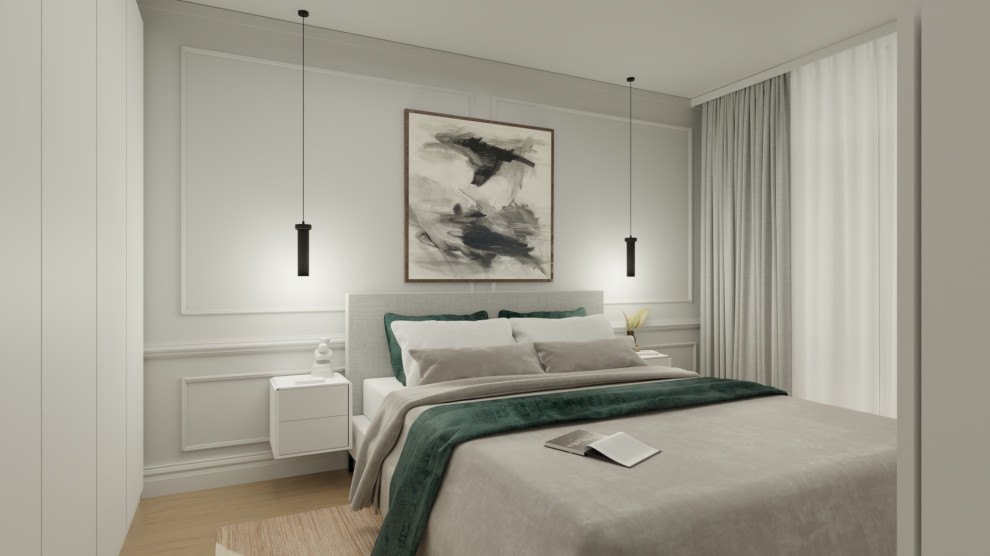 Modelo de dormitorio principal y gris y blanco contemporáneo de tamaño medio con paredes grises, suelo de madera clara y suelo beige