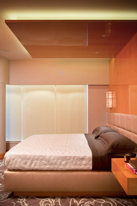 Photo of a mid-sized contemporary master bedroom in Phoenix with orange walls, medium hardwood floors, a ribbon fireplace and a metal fireplace surround.