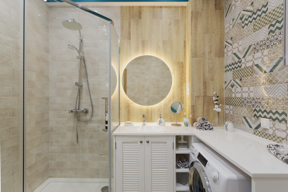 Small contemporary 3/4 bathroom in Other with louvered cabinets, white cabinets, a corner shower, beige tile, porcelain tile, beige walls, an integrated sink, solid surface benchtops, a hinged shower door and white benchtops.
