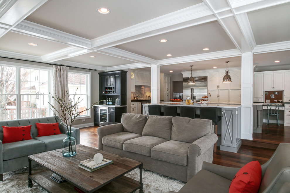 This is an example of a large transitional open concept living room in Chicago with grey walls, dark hardwood floors and brown floor.