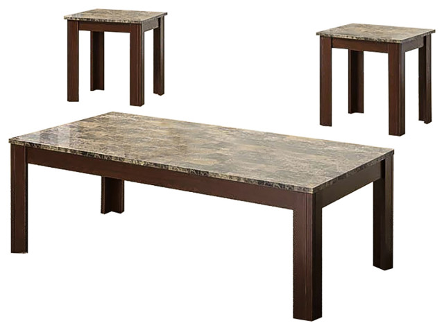 3 Piece Table Set With Marble Top, Brown