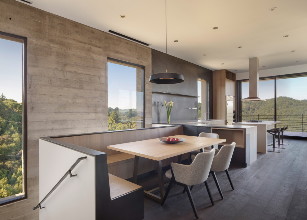 На фото: столовая среднего размера в стиле модернизм с с кухонным уголком, серыми стенами, темным паркетным полом и коричневым полом без камина с