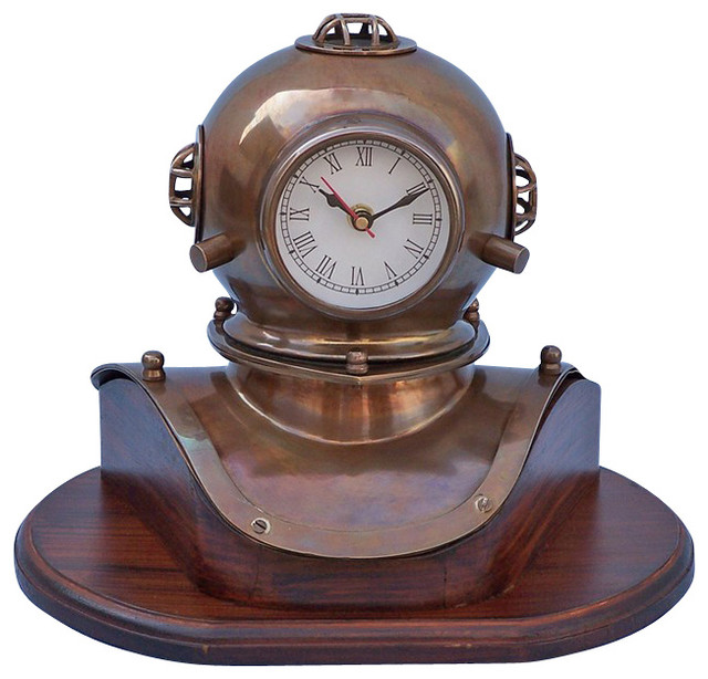 Divers Helmet Clock On Wood Base Antique Brass 12 Beach Style