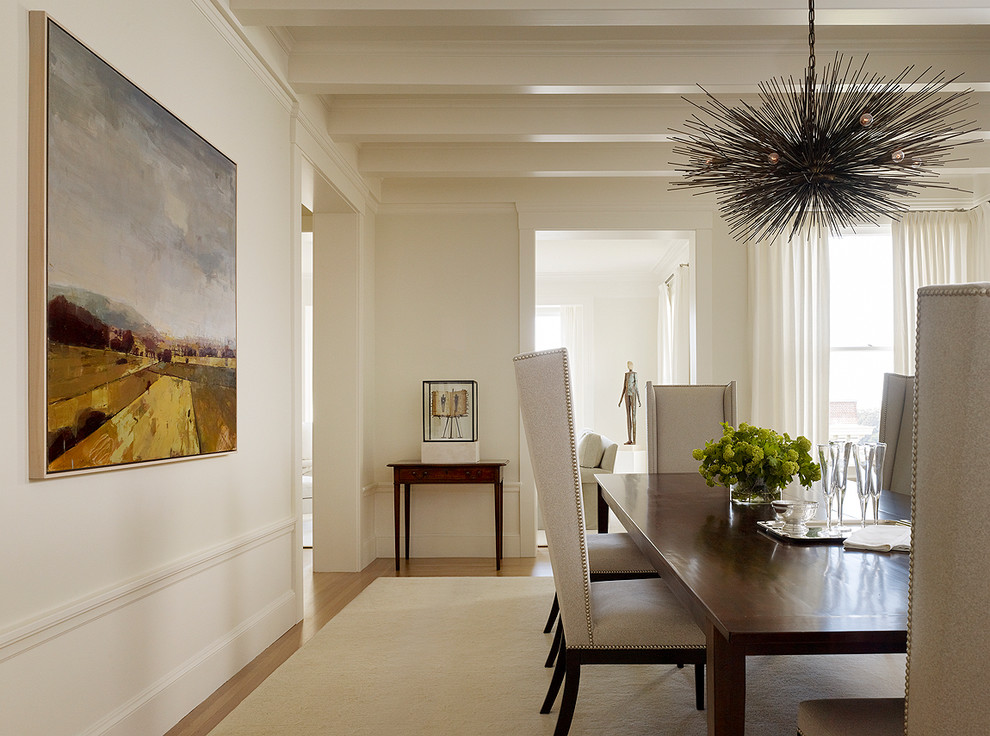 This is an example of a contemporary dining room in San Francisco with beige walls and medium hardwood floors.