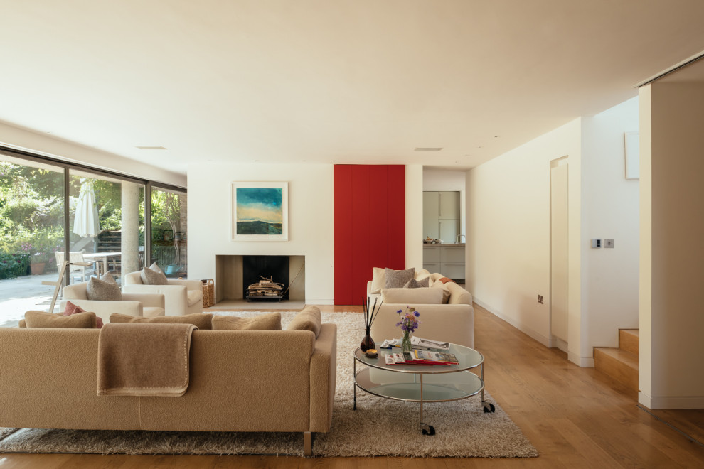 This is an example of a contemporary living room in Devon with white walls, medium hardwood flooring, a standard fireplace and brown floors.