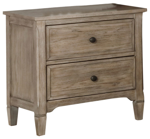 Wooden Nightstand with 2 Drawers, WireBrushed Warm Gray Transitional