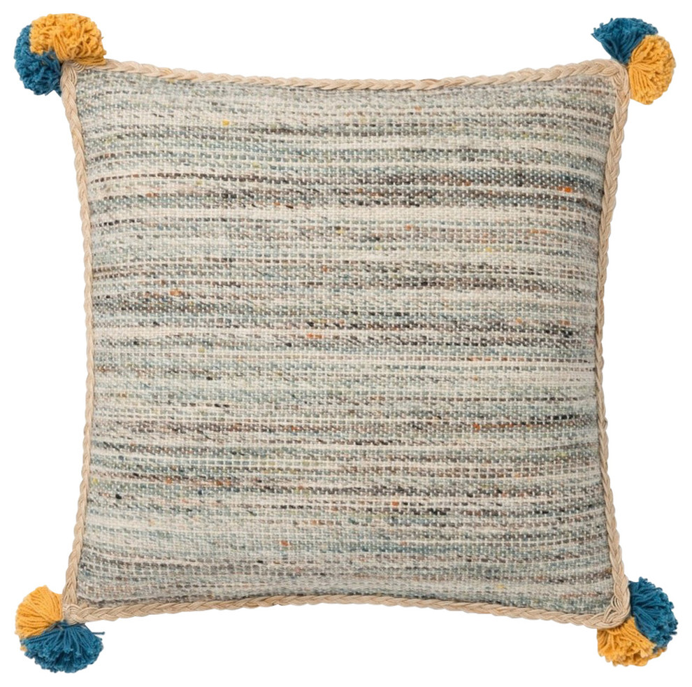 Justina Blakeney x Loloi Striped Design Colorful Pom Pom Tassels Pillow 18"x18"
