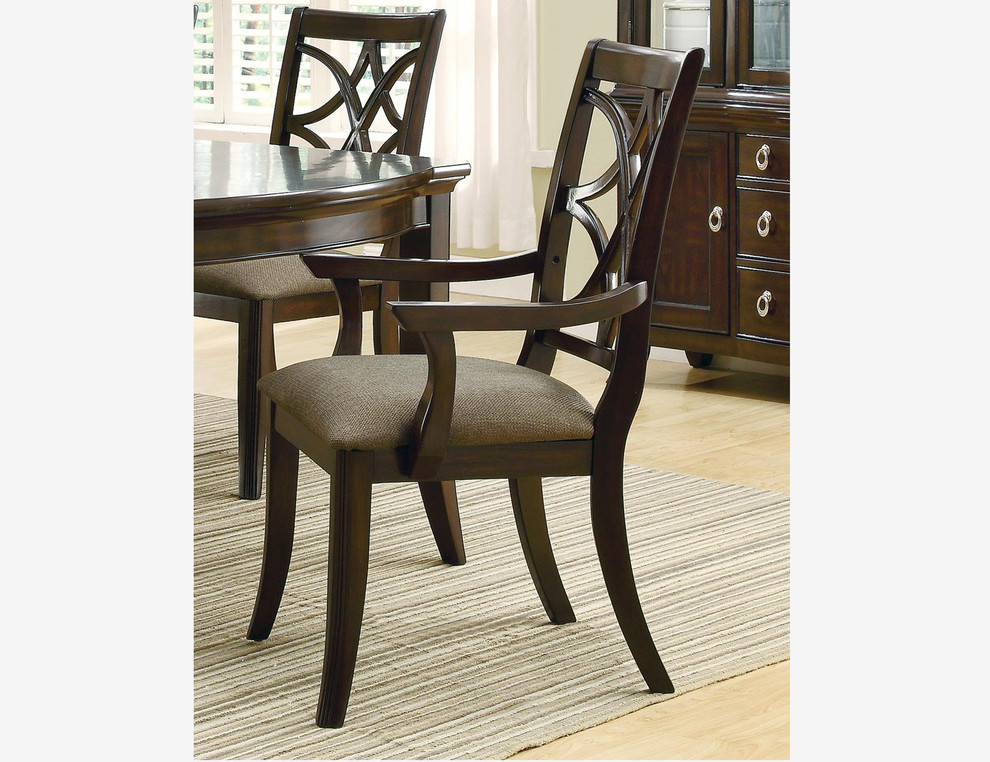 2 PC Casual Espresso Wood Dining Arm Chairs Fabric Cushioned Seating