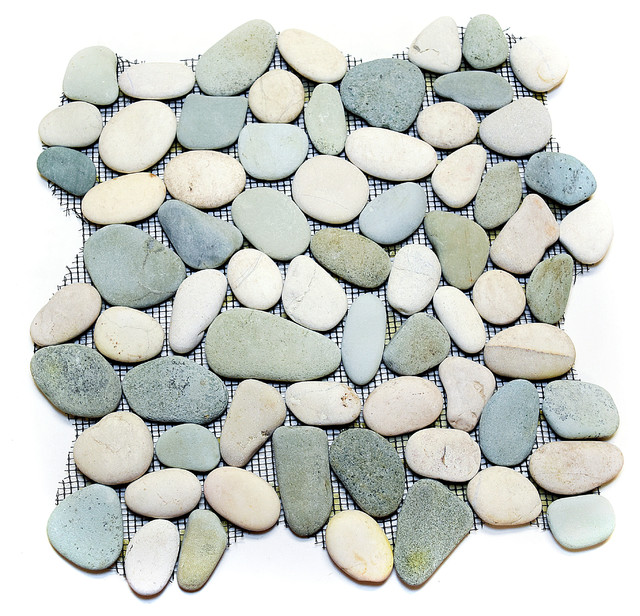 Pebble Stone Tile Sheets, Green and White, 12"x12" Contemporary