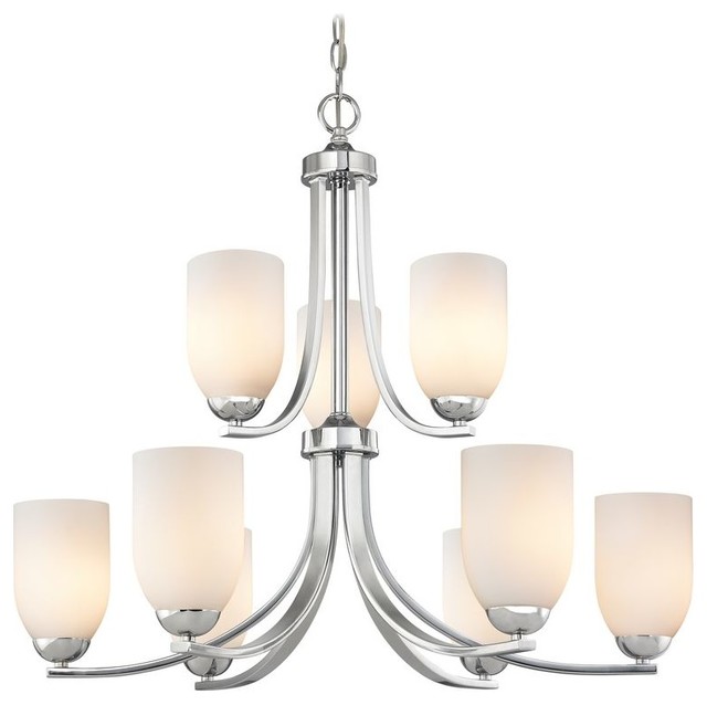 Contemporary Chrome Chandelier with Opal White Glass and Two Tiers