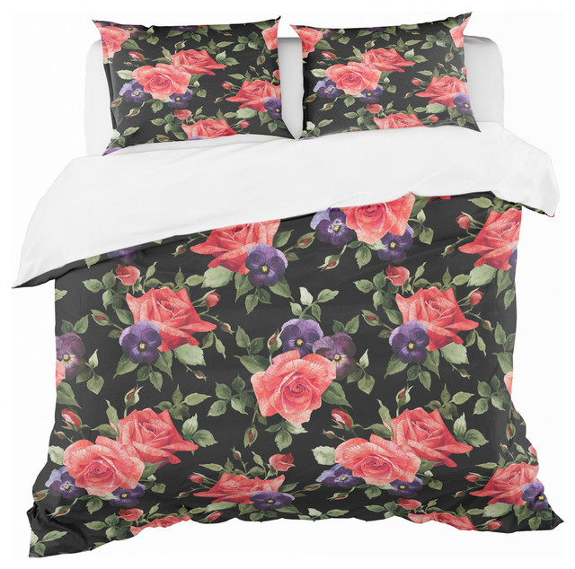 Pansy Flowers Rose Patterns Modern Duvet Cover Set, Queen