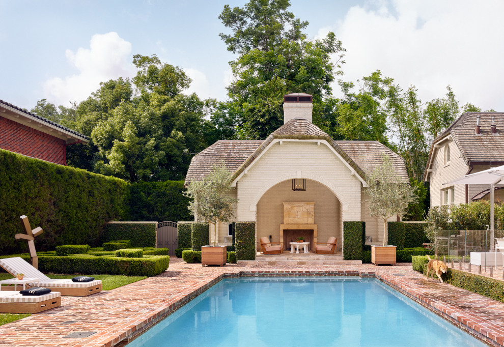 Houston Historic - Example of a huge minimalist white two-story brick house exterior design in Houston with a shingle roof