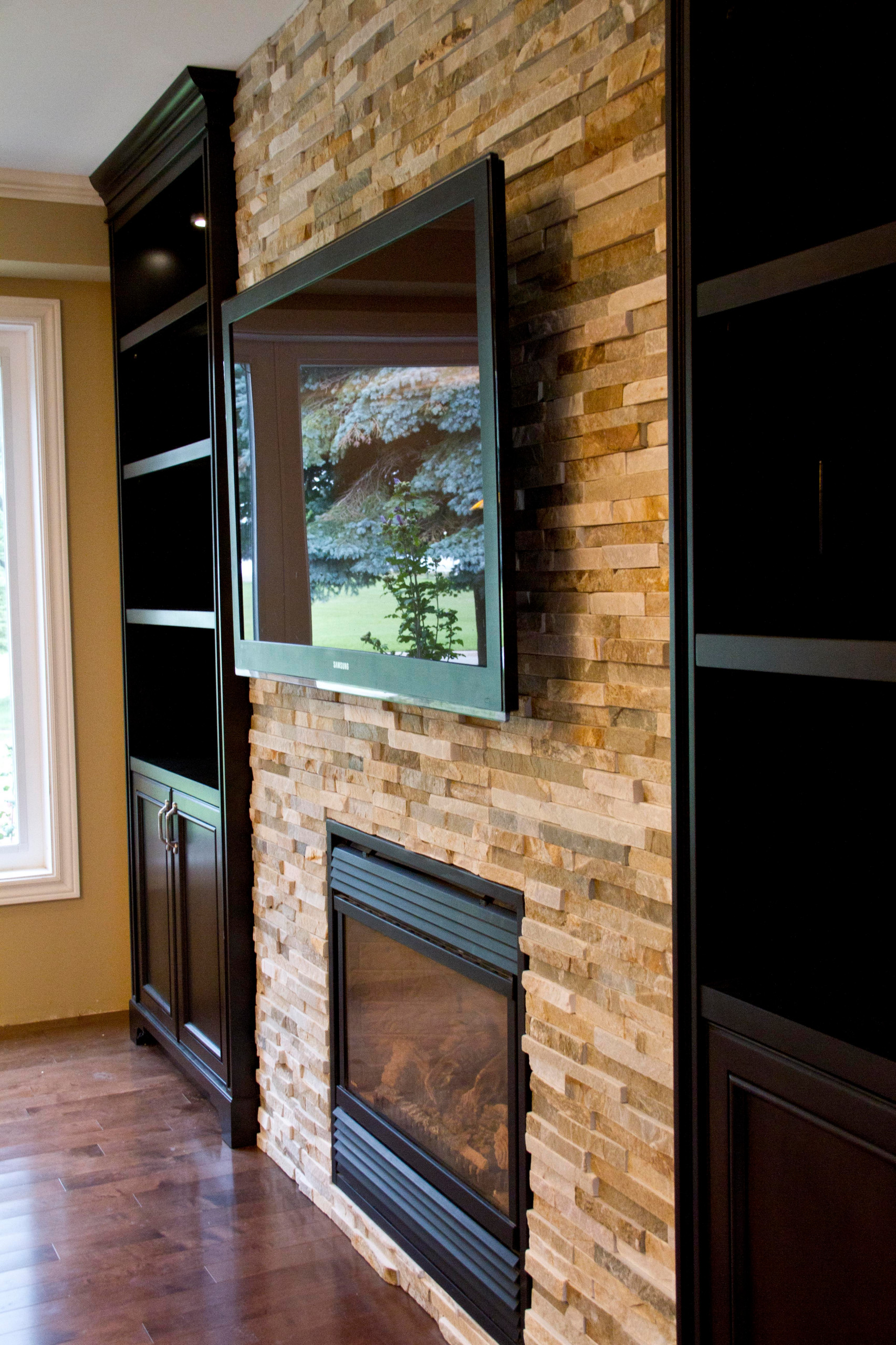 Glass Shelves Built-in Units Around Fireplace