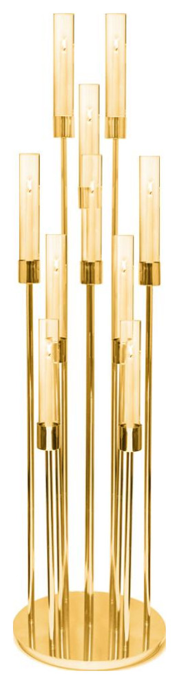 Large Metal Floor Standing Multi-Stem Candle Holder Display, Gold, 10 Stems