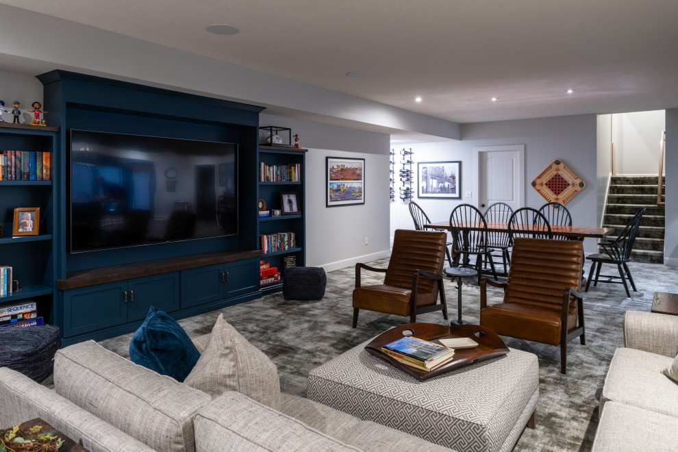 This is an example of a modern basement in Kansas City with a home cinema, laminate floors, a corner fireplace and a tiled fireplace surround.