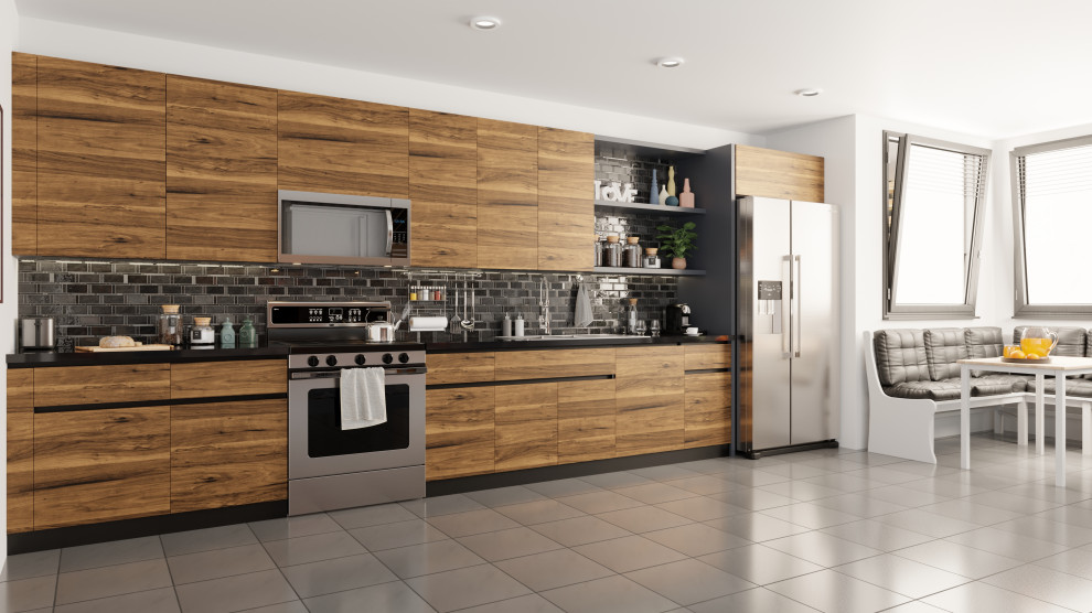 Idee per una cucina lineare design di medie dimensioni con ante lisce, ante in legno scuro e nessuna isola