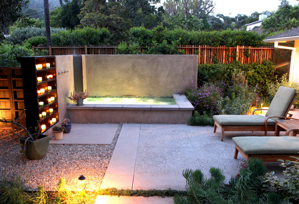 Foto di un grande giardino xeriscape minimal esposto a mezz'ombra dietro casa in primavera con una cascata, pavimentazioni in cemento e recinzione in legno