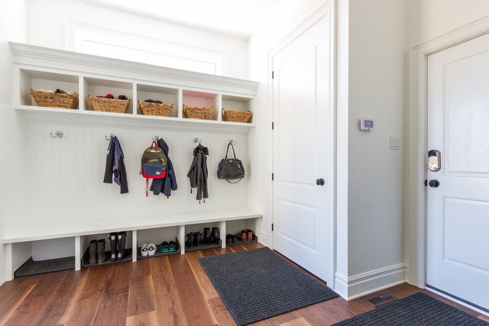 Single front door - single front door idea in Toronto with white walls and a white front door