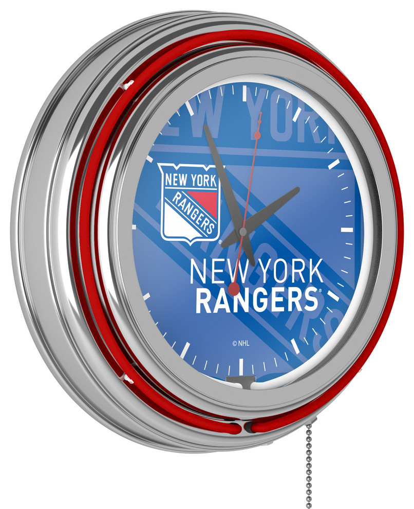 NHL Chrome Double Rung Neon Clock, Watermark, New York Rangers