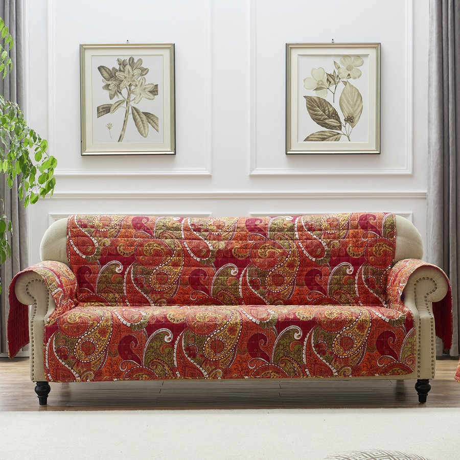 Polyester Sofa Protector With Paisley Print, Cinnamon Red
