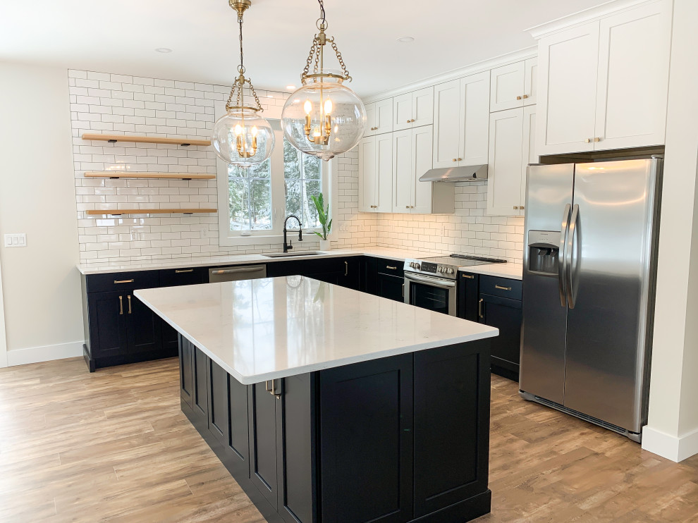 Oversized Black Kitchen Island with White Quartz Countertop - Craftsman ...