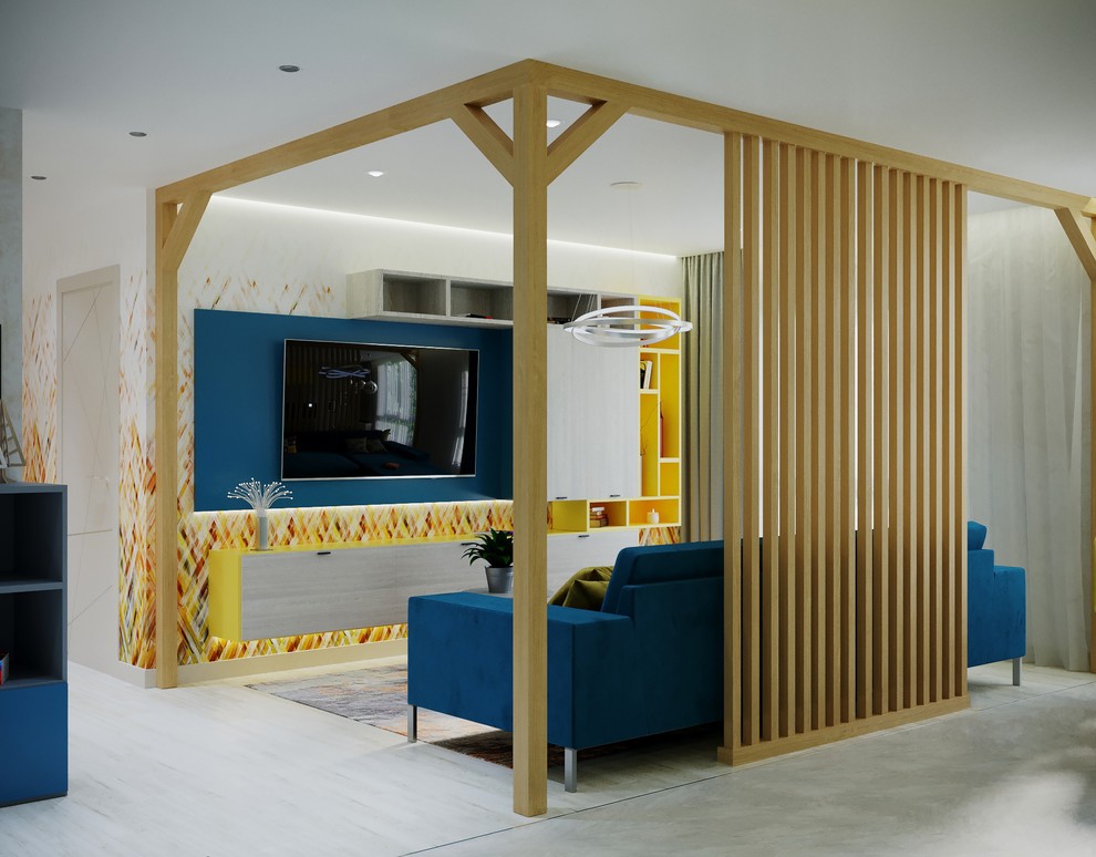 Гостиная с синим диваном