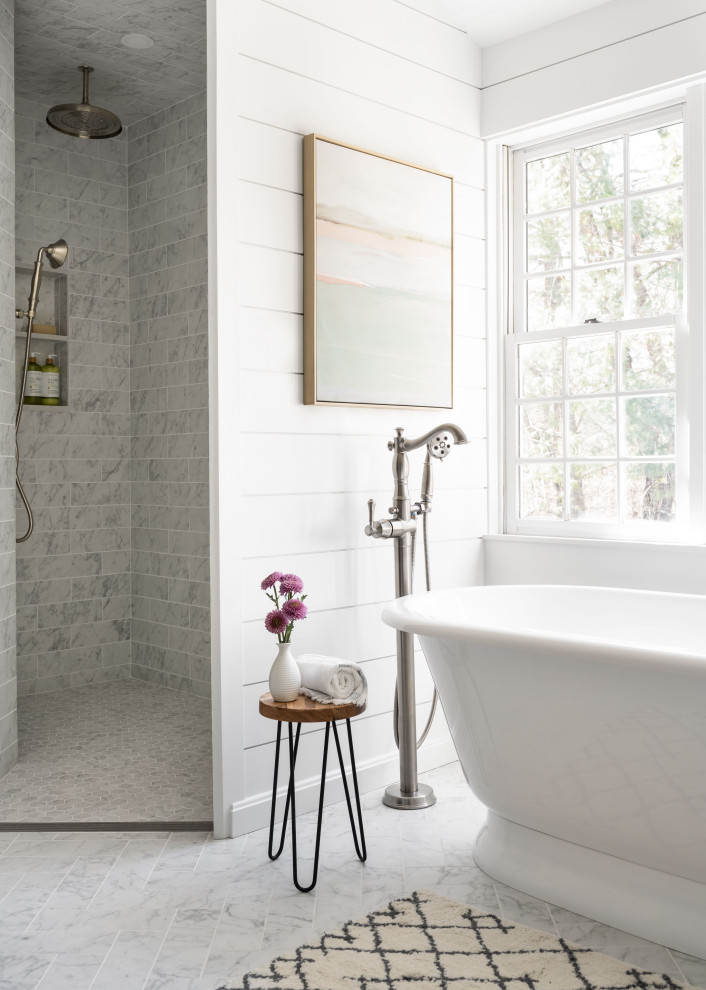 Inspiration for a large cottage master gray tile and porcelain tile porcelain tile, gray floor and double-sink bathroom remodel in Boston with shaker cabinets, green cabinets, a two-piece toilet, white walls, a drop-in sink, quartz countertops, white countertops and a built-in vanity