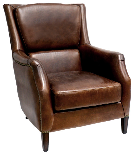 Pasargad Home Vicenza Genuine Leather Wing Back Chair, Brown