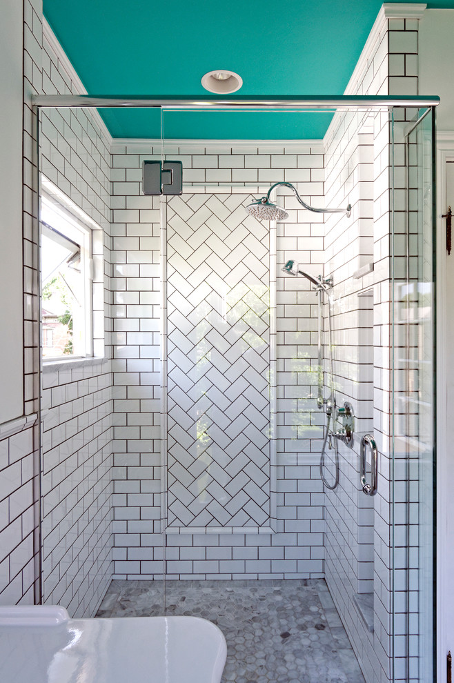 Photo of a small transitional master bathroom in Columbus with white tile, subway tile and marble floors.