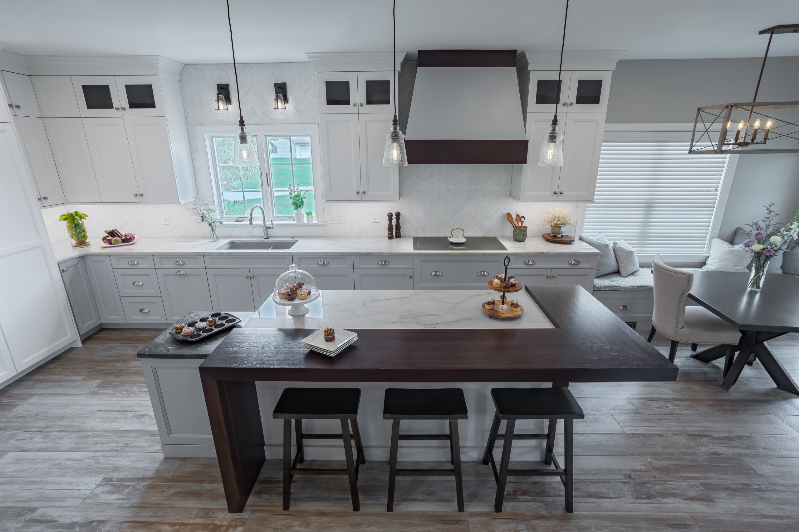 The existing kitchen layout created tight work aisles, minimal counter and storage space, and utilized only 62% of the overall available space, which was the impetus for the remodel. The clients’ want