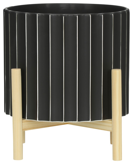 12" Ceramic Fluted Planter With Wood Stand, Black
