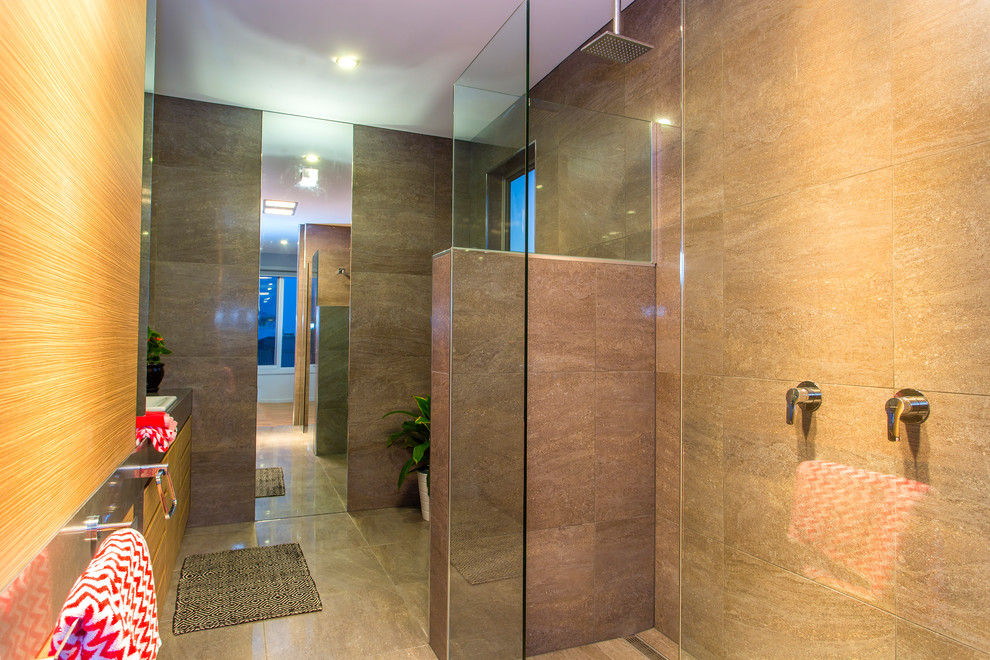 Mid-sized contemporary master bathroom in Melbourne with a drop-in sink, an open shower, brown tile, ceramic tile, brown walls and ceramic floors.