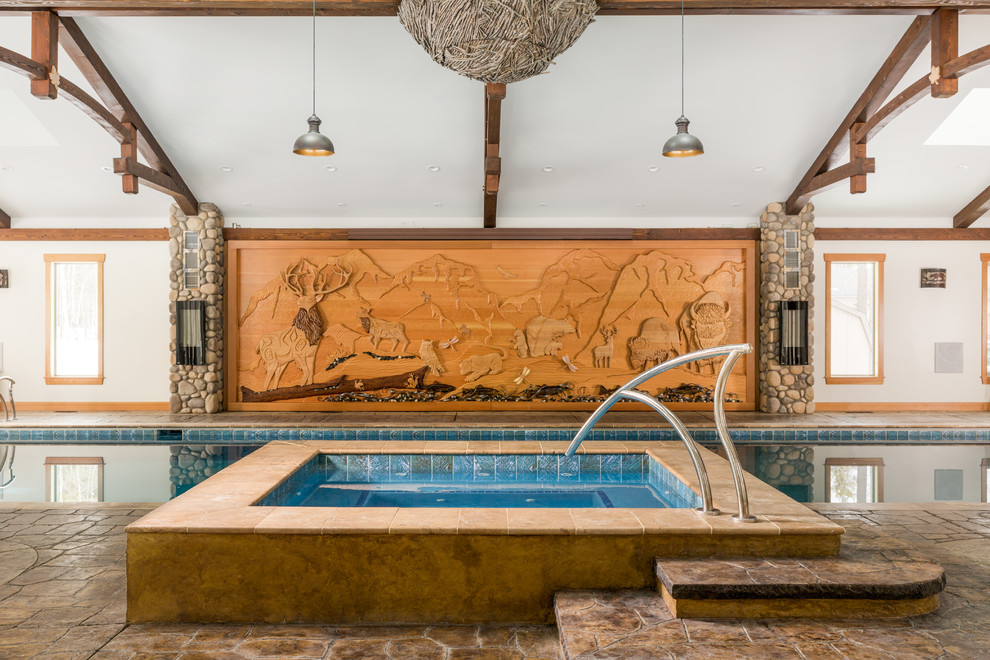 Mid-sized mountain style backyard rectangular lap pool house photo