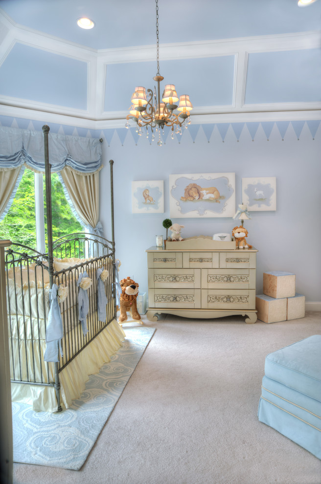 This is an example of a large traditional gender-neutral nursery in New York with blue walls, carpet and white floor.