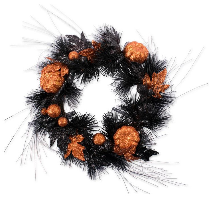 DII 16" Modern Twig and Foam Halloween with Pumpkins Wreath in Black