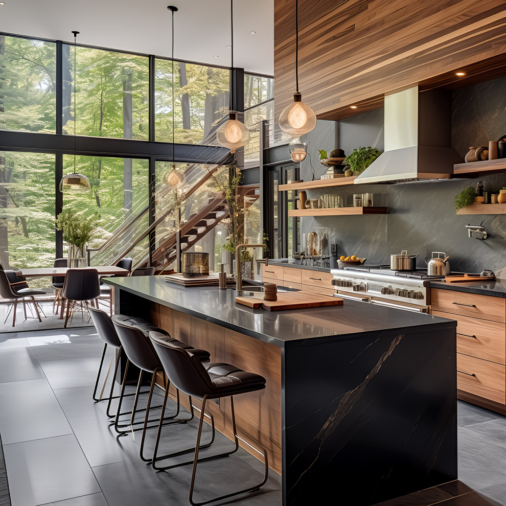 Design ideas for a large modern galley open plan kitchen in New York with a drop-in sink, flat-panel cabinets, medium wood cabinets, quartzite benchtops, black splashback, engineered quartz splashback, stainless steel appliances, slate floors, with island, grey floor and black benchtop.