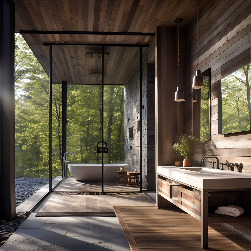 Inspiration for a modern bathroom in New York with slate floors, wood and wood walls.