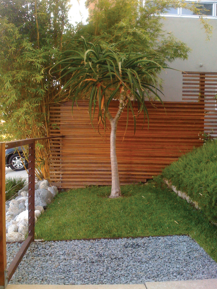 Photo of a mid-sized modern front yard partial sun xeriscape for spring in Los Angeles with gravel.